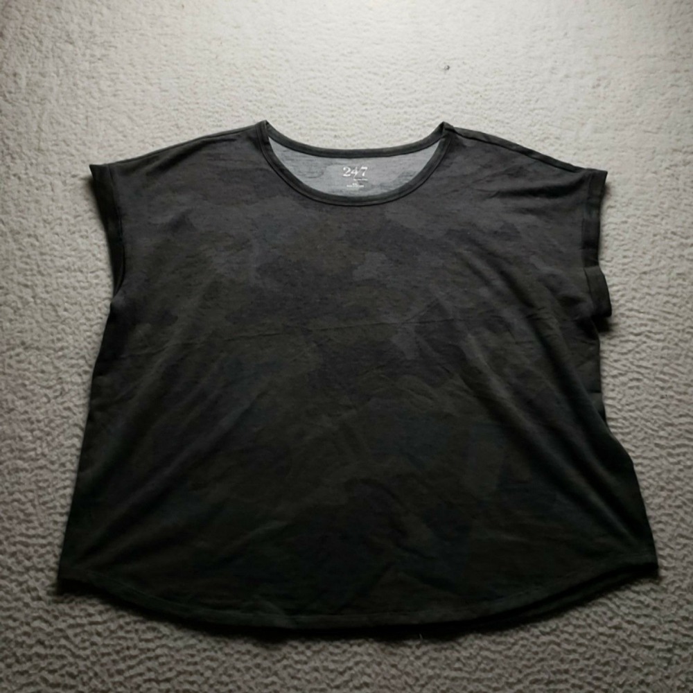 24/7 Shirt Womens 2XL Gray Camo Crew Neck Cap Sleeve Stretch Summer Casual
